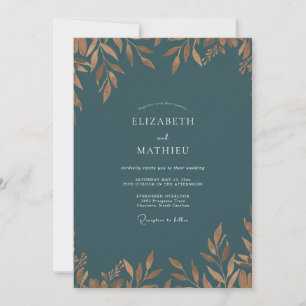 Invitation Mariage feuille d'or sarcelle antique