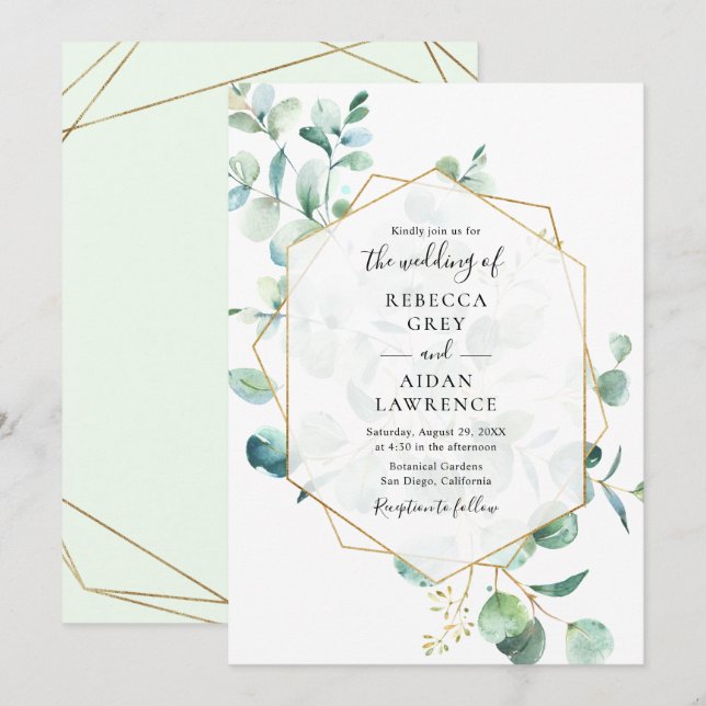 Invitation Mariage Feuille Eucalyptus Géométrique (Devant / Derrière)