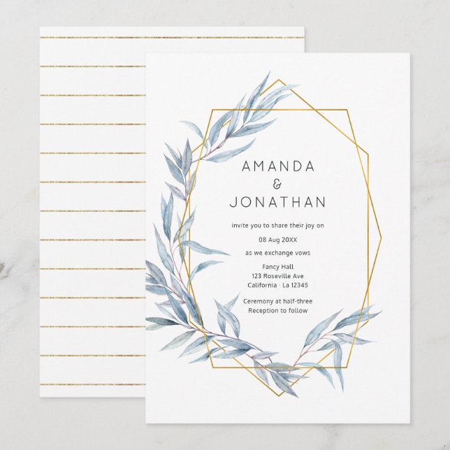 Invitation Mariage Feuille Eucalyptus Géométrique Bleu et Or (Devant / Derrière)