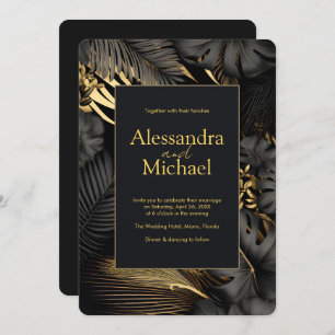 Invitation Mariage Feuille moderne Black Gold Tropical