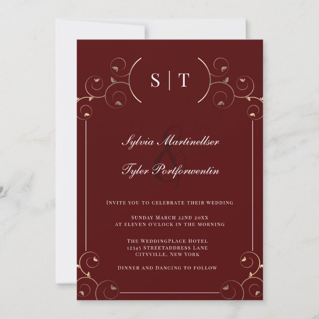 Invitation Mariage Feuille Monogram Burgundy Gold (Devant)