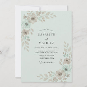 Invitation Mariage Feuille Peinte Menthe Taupe