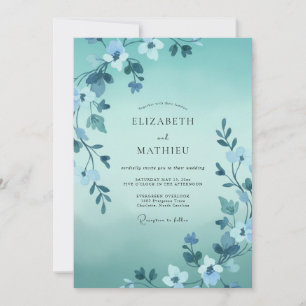 Invitation Mariage Feuilles Aqua Peintes à la Main