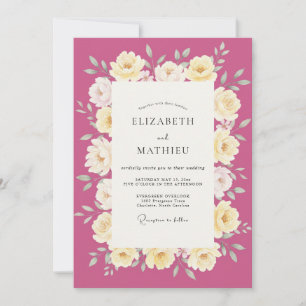 Invitation Mariage Feuilles Crème Chaud Magenta