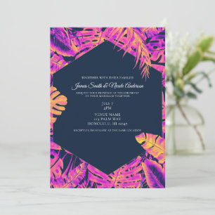 Invitation Mariage feuilles de palmier tropicales rose vif or