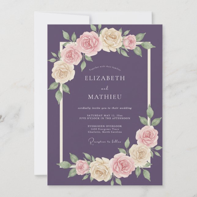 Invitation Mariage Feuilles de Rose Améthyste (Devant)