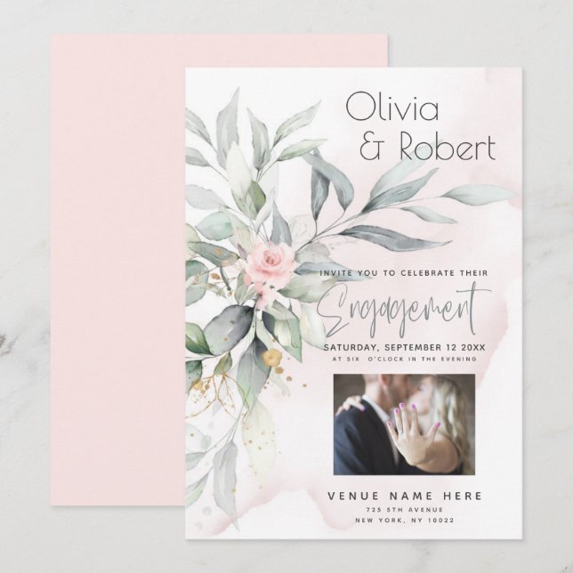 Invitation Mariage | Feuilles d'Eucalyptus Rose Pâle Aquarell (Devant / Derrière)