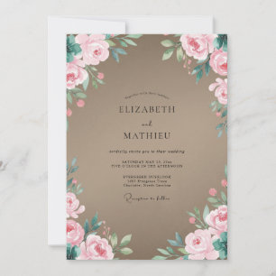 Invitation Mariage Feuilles Roses Taupe