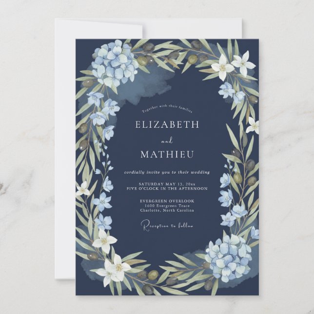 Invitation Mariage feuilleu d'hydrangea de minuit (Devant)