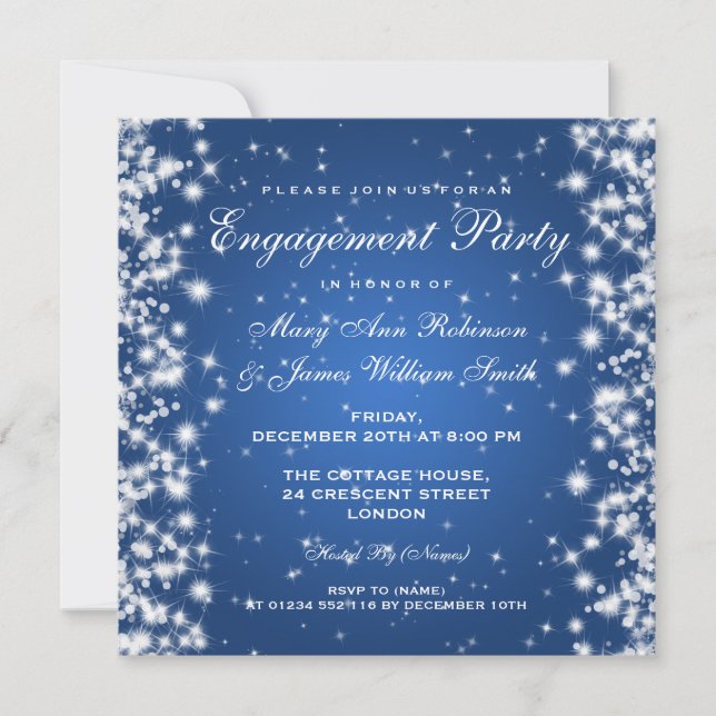 Invitation Mariage Fiançailles Hiver Étincelle Bleu (Devant)