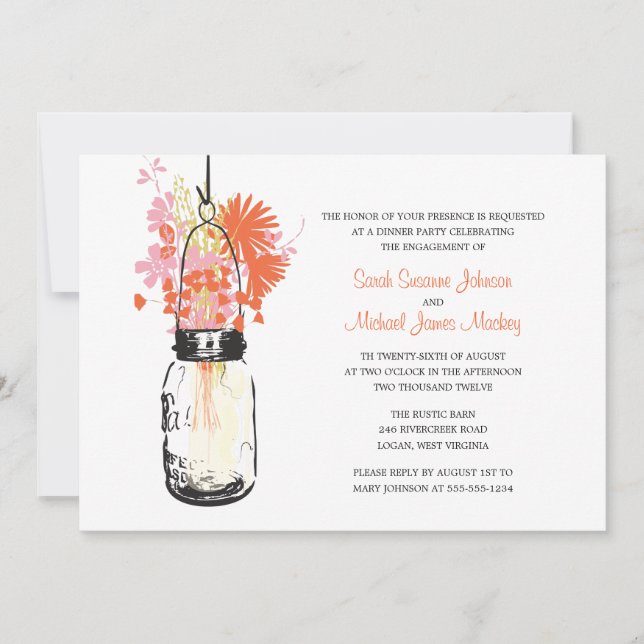 Invitation Mariage Fiançailles Pot Mason et Fleurs Sauvages (Devant)