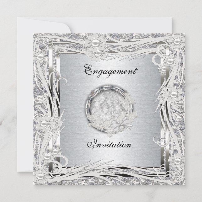 Invitation Mariage Fiançailles Silver Floral Frame (Devant)
