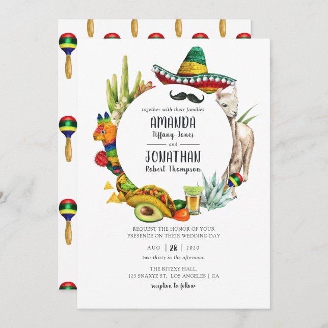 Invitation Mariage Fiesta mexicain aquarelle (Devant / Derrière)