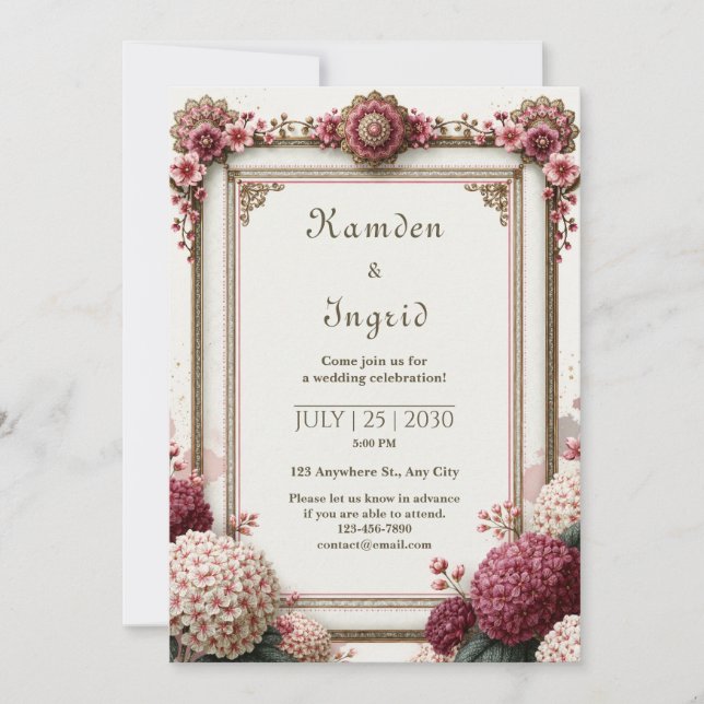 Invitation Mariage Filigrane Hydrangea Rubis (Devant)
