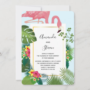 Invitation Mariage Flamant Rose Élégant et Feuilles Tropicale