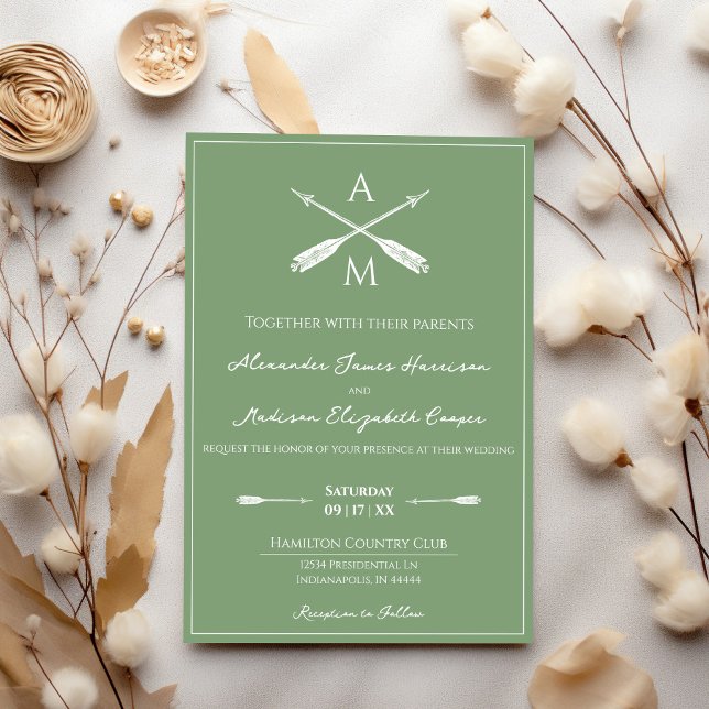 Invitation Mariage Flèches et monogrammes | Moss Green (Moss Green Arrows and Monograms Wedding Invitation)