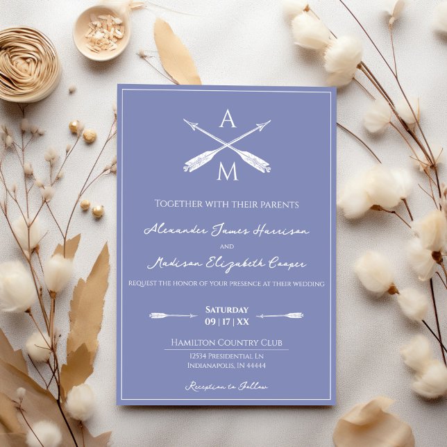 Invitation Mariage Flèches et monogrammes | Périwinkle (Periwinkle Arrows and Monograms Wedding Invitation)