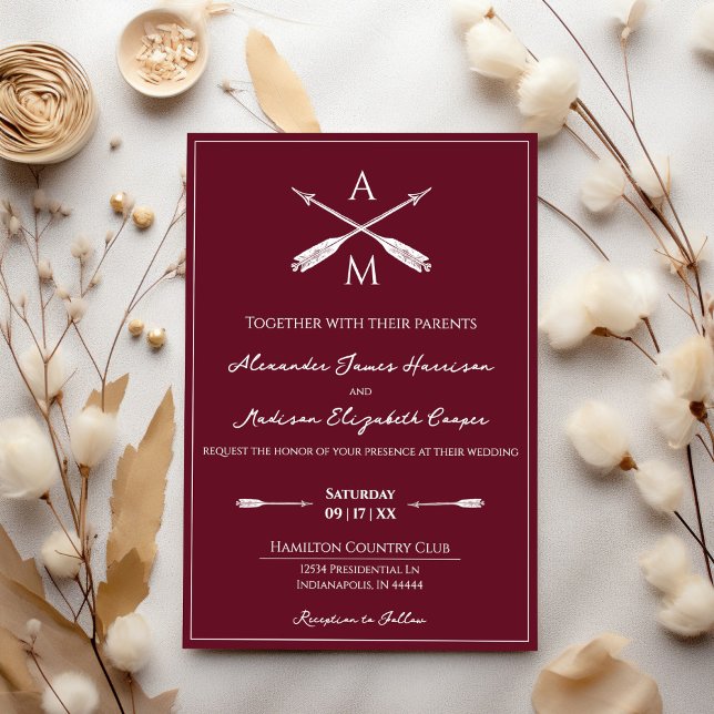 Invitation Mariage Flèches et monogrammes | Rouge à vin (Wine Red Arrows and Monograms Wedding Invitation)