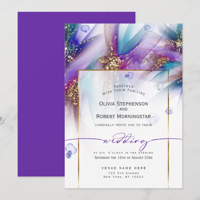 Invitation MARIAGE | Fleur Abstraite Turquoise violet frappan (Devant / Derrière)