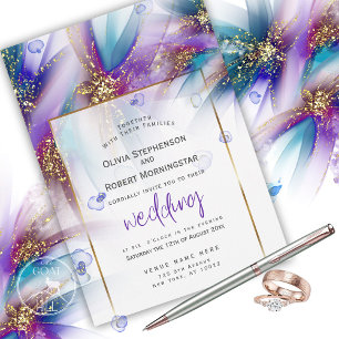 Invitation MARIAGE Fleur Abstraite Turquoise violet frappan