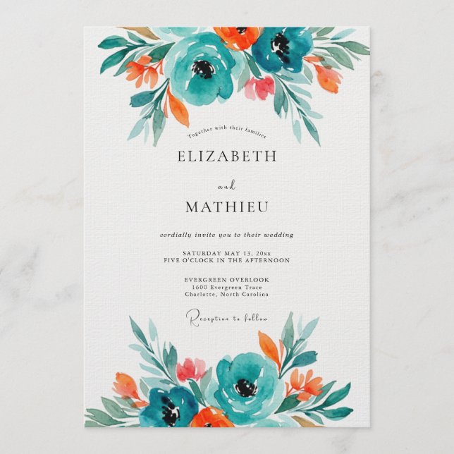 Invitation Mariage Fleur Artistiques Teal Bloom (Devant)