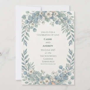 Invitation Mariage Fleur Blanche Eucalyptus Bleu Poussiéreux