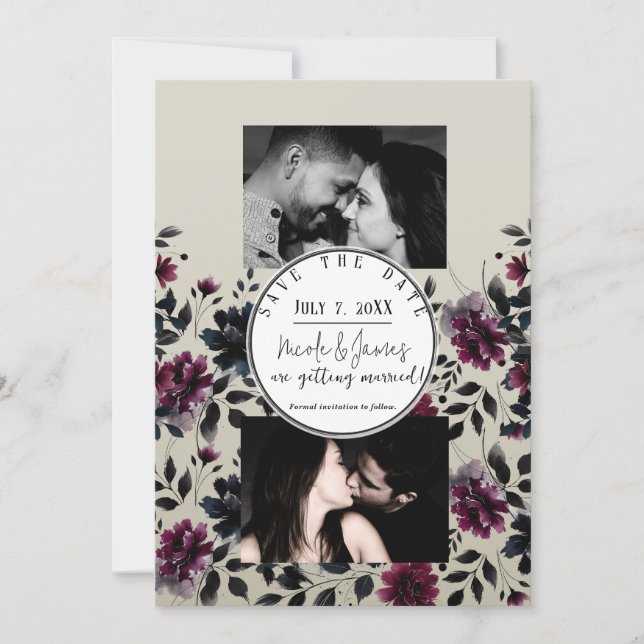 Invitation Mariage Fleur Bleu Minuit Bourgogne (Devant)