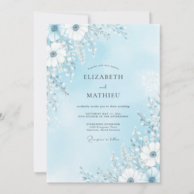 Invitation Mariage Fleur Bleue Céleste Délicate (Devant)