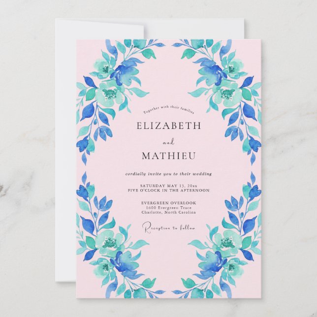 Invitation Mariage Fleur Bleue Verte Peinte (Devant)