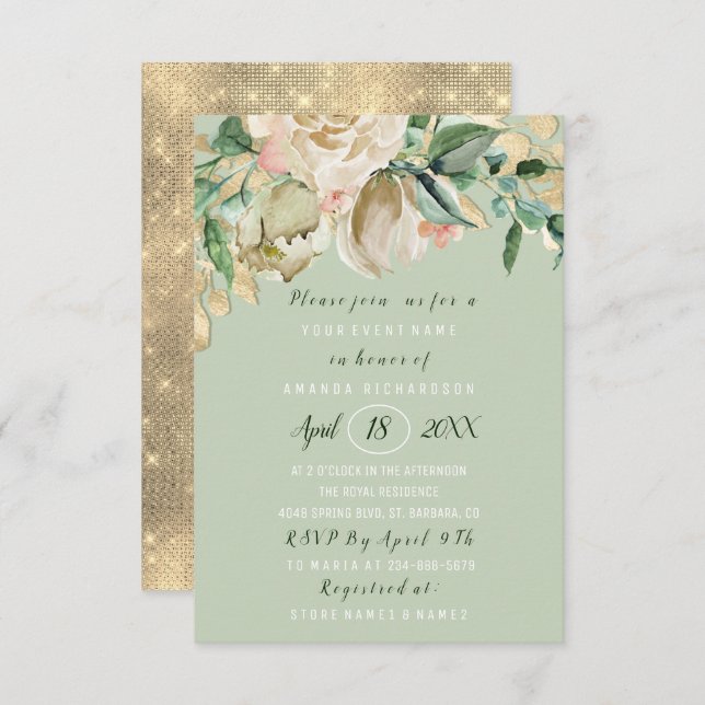 Invitation Mariage Fleur Brunch Mint Rose Gold (Devant / Derrière)