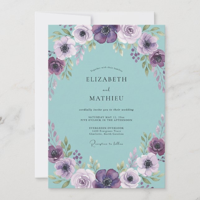 Invitation Mariage Fleur d'Anémone Lilas Aqua (Devant)