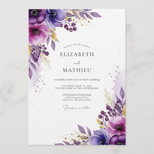 Invitation Mariage Fleur d'Aquarelle Violette (Devant)
