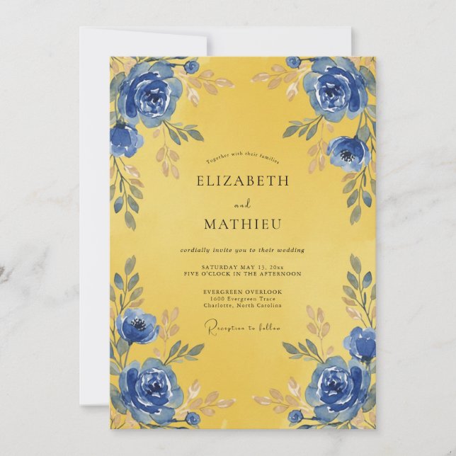 Invitation Mariage Fleur de Cobalt Doré (Devant)