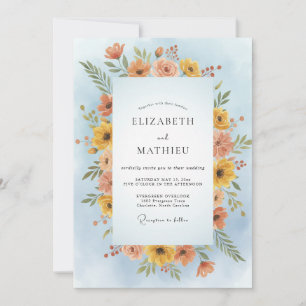Invitation Mariage Fleur de Corail Poussiéreux Azur