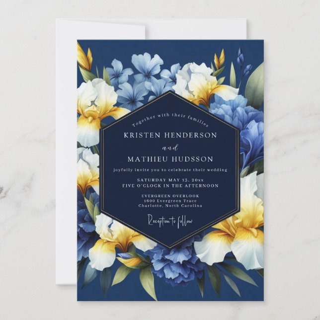 Invitation Mariage Fleur de Iris Doré Indigo (Devant)