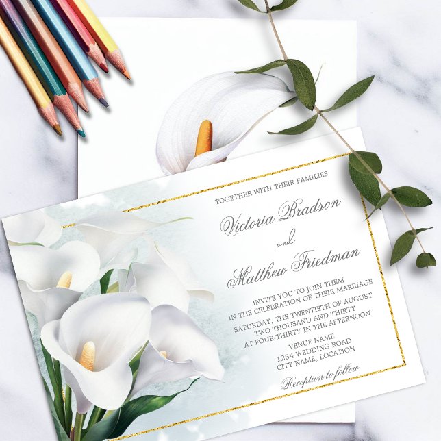 Invitation Mariage Fleur de Lys d'Ivoire Blanc (Watercolor ivory white Calla Lily wedding invitation with gold foil look frame.)