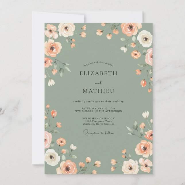 Invitation Mariage Fleur de Pêche et Sauge (Devant)