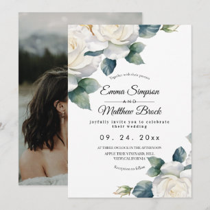 Invitation Mariage Fleur de Rose Blanche Elégant & Beauté