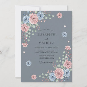 Invitation Mariage Fleur de Rose Bleu Poussiéreux