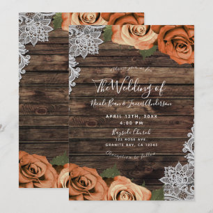 Invitation Mariage Fleur de Roses Épice Orange Bois Rustique 