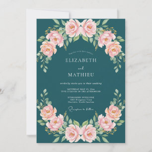 Invitation Mariage Fleur de Rosier Rose Blush Teal