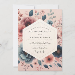 Invitation Mariage Fleur de Teint Écrue Bleu Ardoise