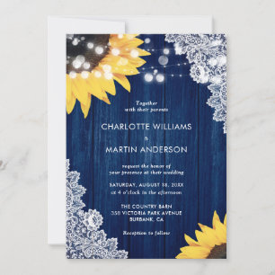 Invitation Mariage Fleur de Tournesol Nuit Bleu Bois Dentelle