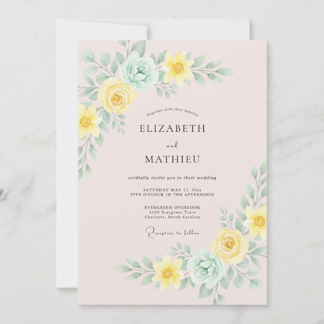Invitation Mariage Fleur Délicate Vert Menthe (Devant)
