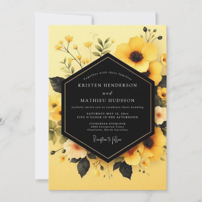 Invitation Mariage Fleur d'Obsidienne Jaune (Devant)