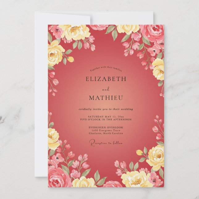 Invitation Mariage Fleur Dorée Cramoisi (Devant)