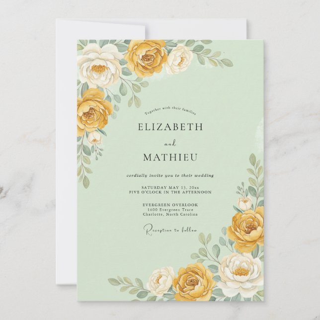 Invitation Mariage Fleur Dorée Vert Menthe (Devant)