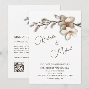 Invitation Mariage Fleur Effet Relief Magnolia Blanc Cassé