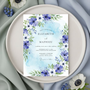 Invitation Mariage Fleur Épanouie Bleue Peinte