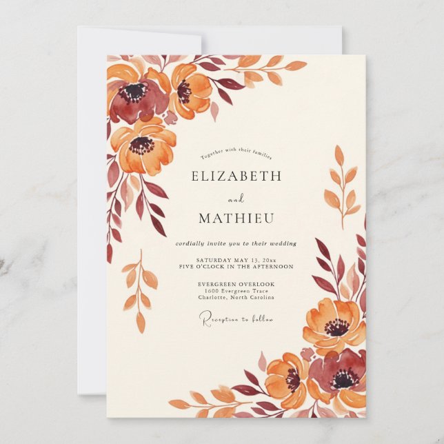 Invitation Mariage Fleur Éthérée Orange (Devant)